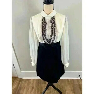 Vtg ILGWU Union Made 70's Midi Dress Black White Ruffles Collared Academia M